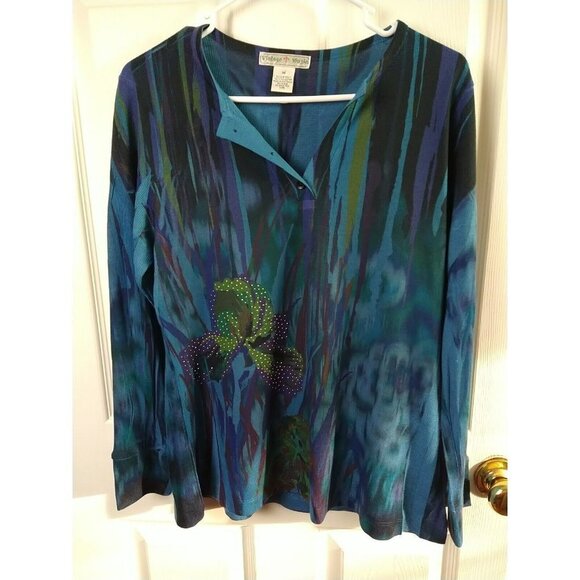 Vintage Suzie Long Sleeve Blue V Neck Artsy Top. Size M - Picture 1 of 10